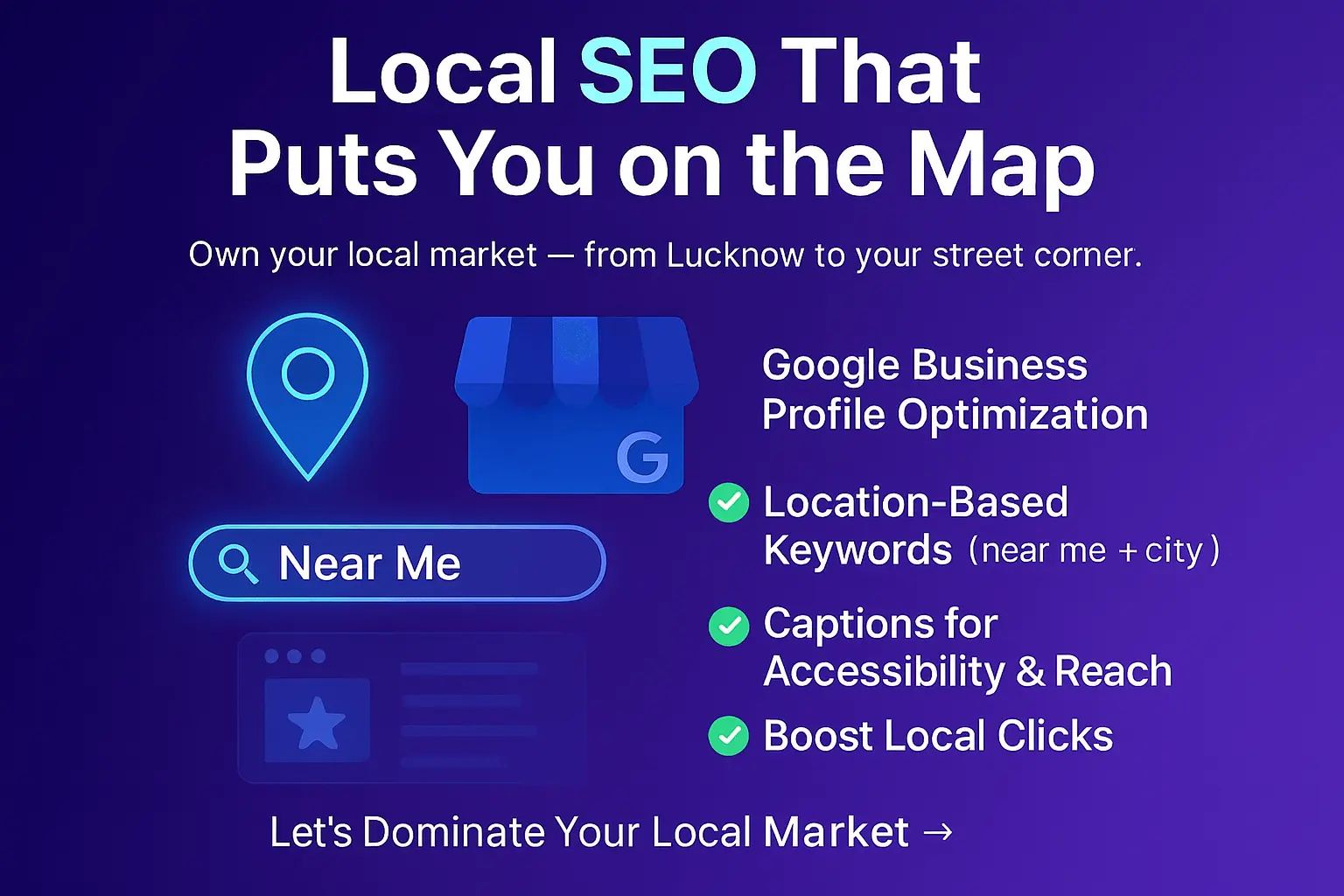 Smartphone displaying a city map with a local business prominently featured in 'near me' search results.