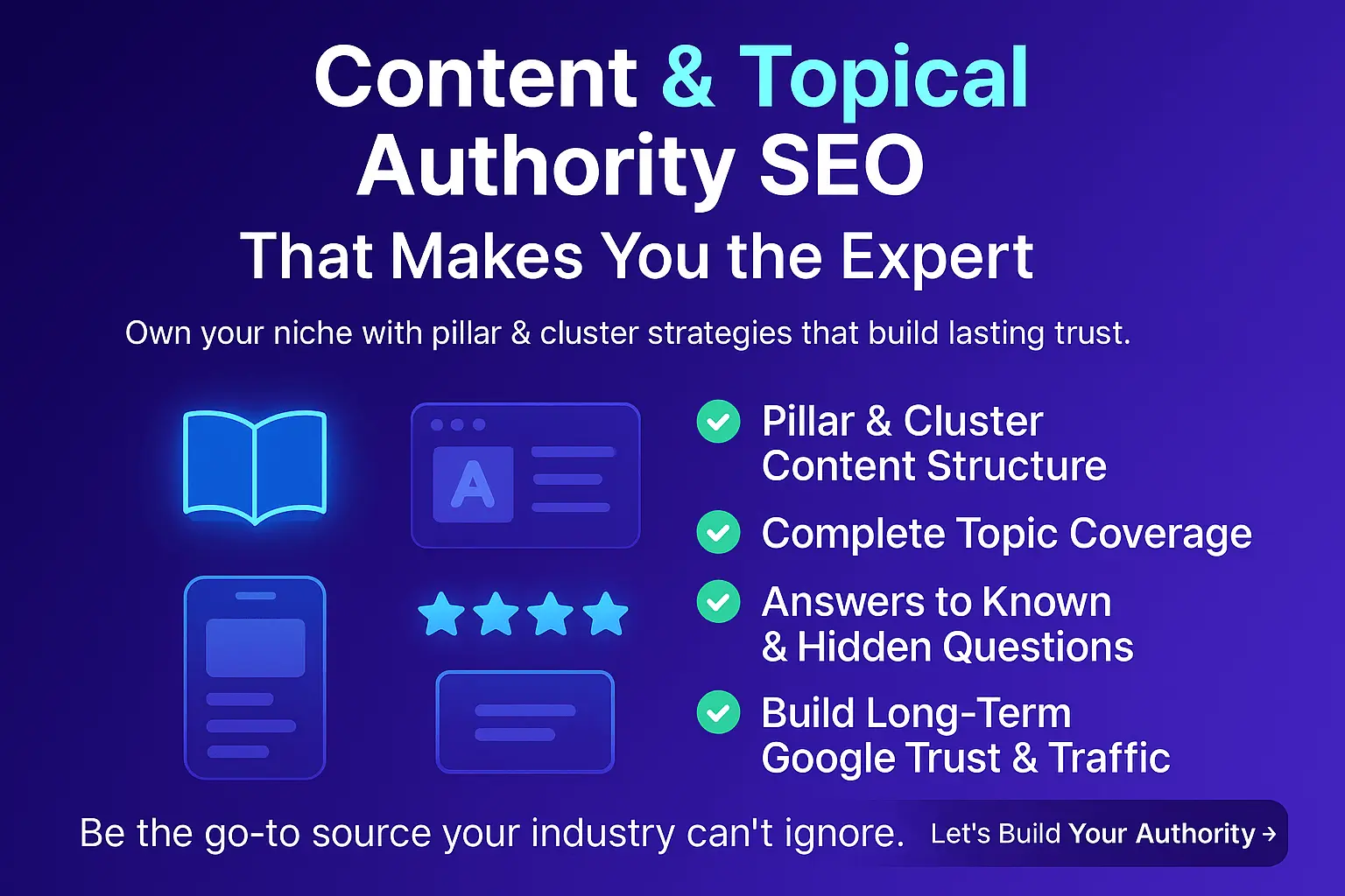Mind map illustrating a pillar page with multiple cluster content topics, establishing topical authority for SEO.