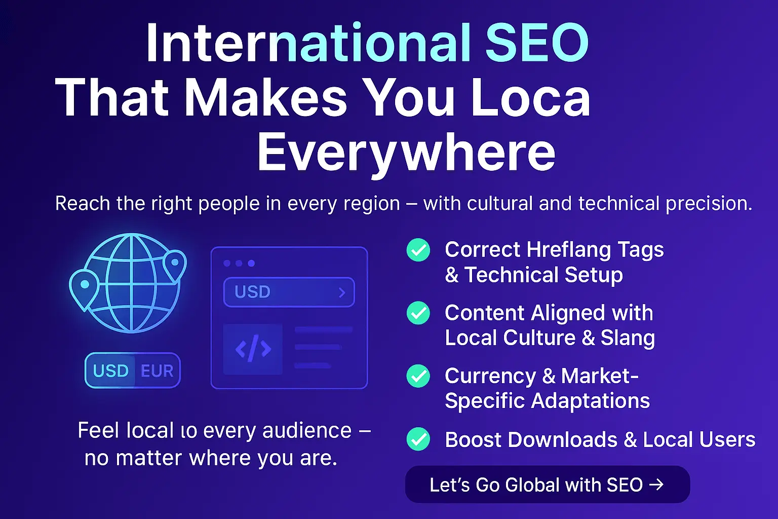 A world map with glowing connection points, representing a website optimized for international SEO with hreflang tags.