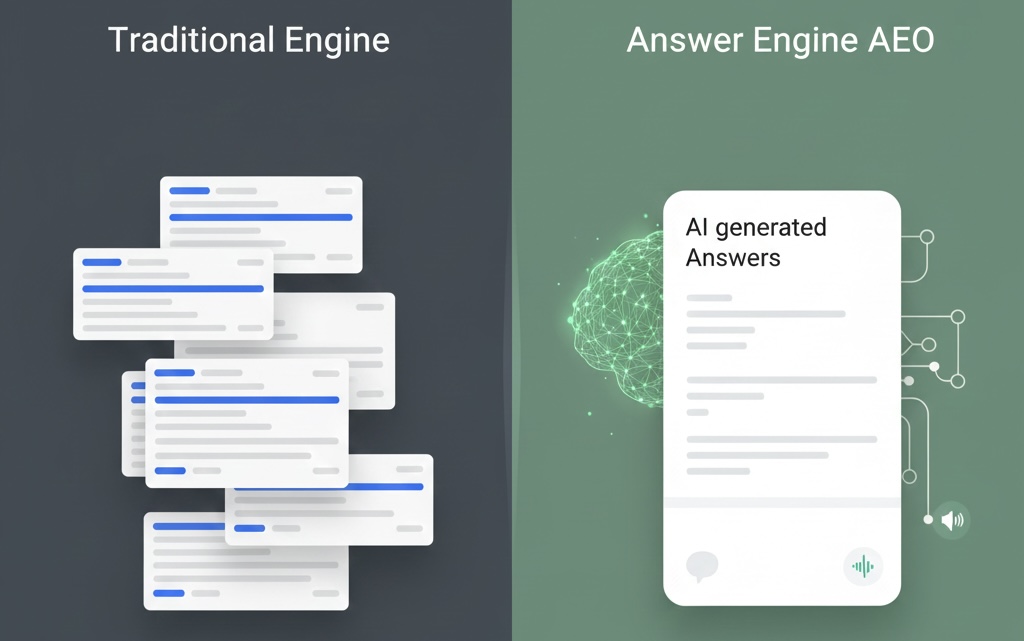 Visual comparison of traditional search results versus Answer Engine Optimization powered by AI agents in modern marketing.