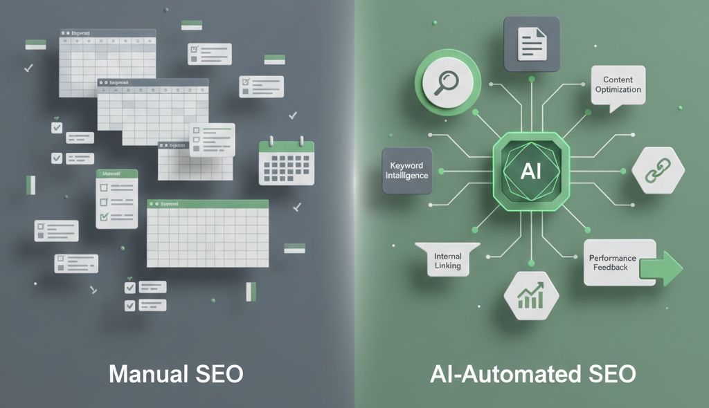Comparison of manual SEO processes versus AI-automated SEO using AI agents for keyword intelligence, content optimization, and performance feedback.